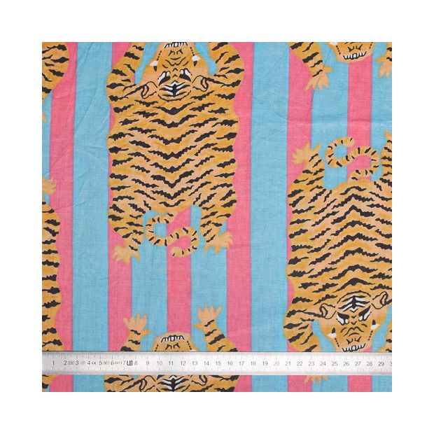 Tissu coton Tigre rayures bleu rose