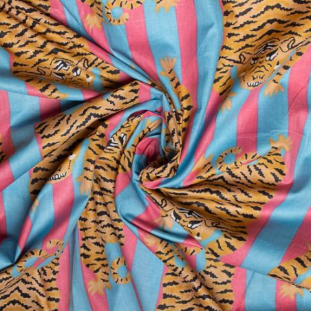 Tissu coton Tigre rayures bleu rose