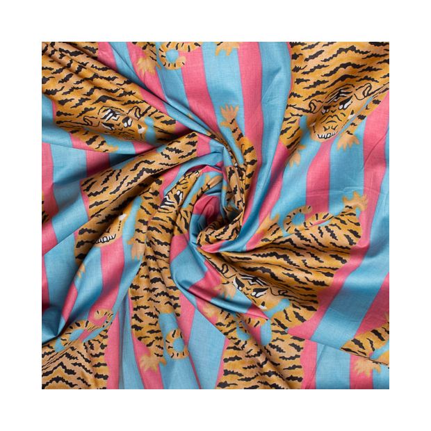 Tissu coton Tigre rayures bleu rose