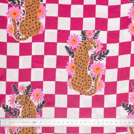 Tissu coton Damier rose Léopard