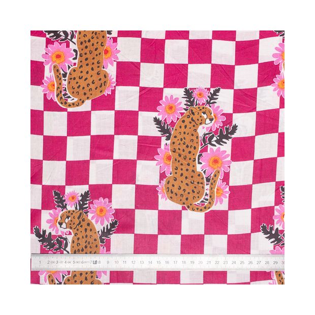 Tissu coton Damier rose Léopard