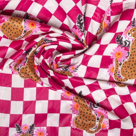 Tissu coton Damier rose Léopard