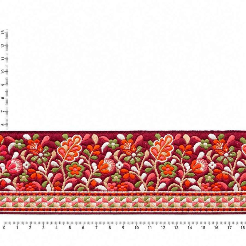 Galon brodé floral Aditi multicolore – fond bordeaux