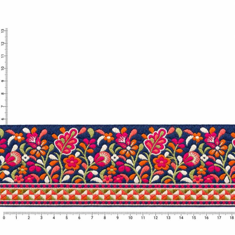 Galon brodé floral Aditi multicolore – fond bleu marine