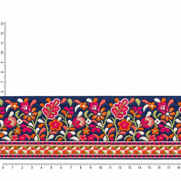 Galon brodé floral Aditi multicolore – fond bleu marine