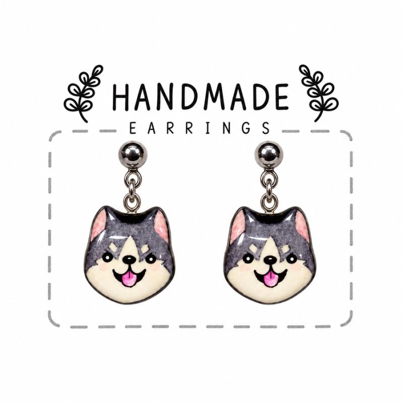Boucles d'oreilles clous pendantes chien Husky