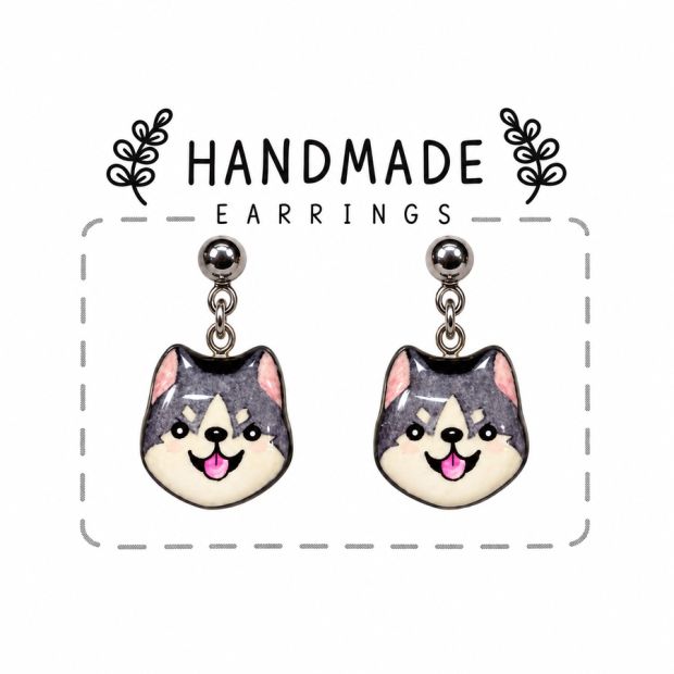 Boucles d'oreilles clous pendantes chien Husky