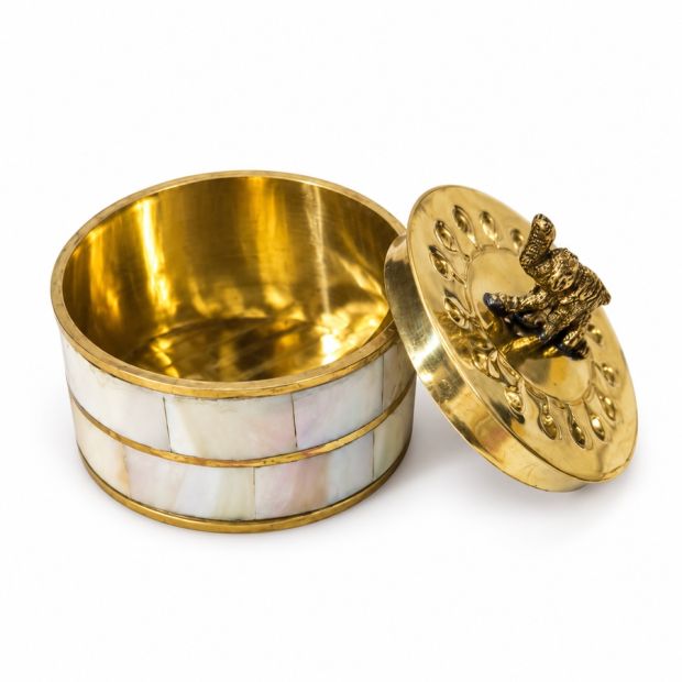Petite boîte ronde éléphant en nacre et laiton – 4,2 cm