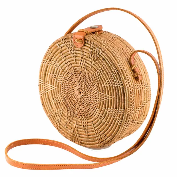 Sac rond de Bali rotin couleur naturelle motif étoile