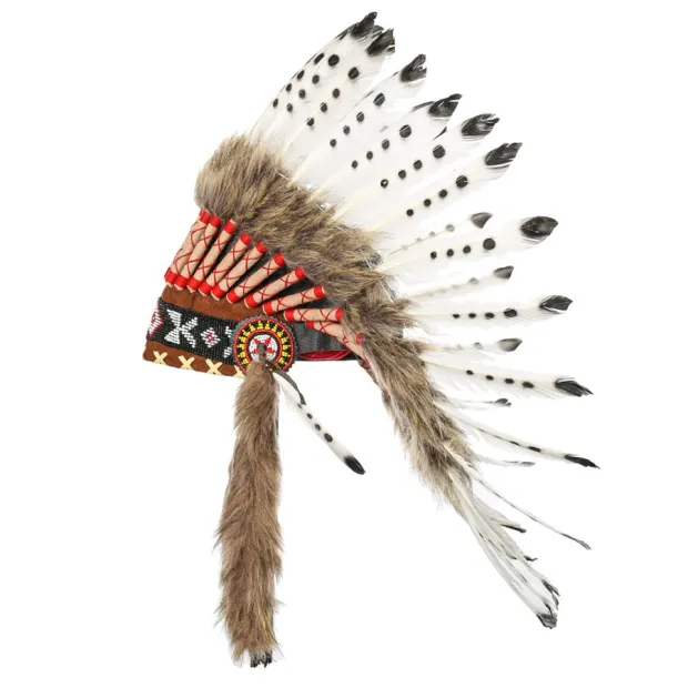 Coiffe indienne blanche à points noirs avec vraies plumes