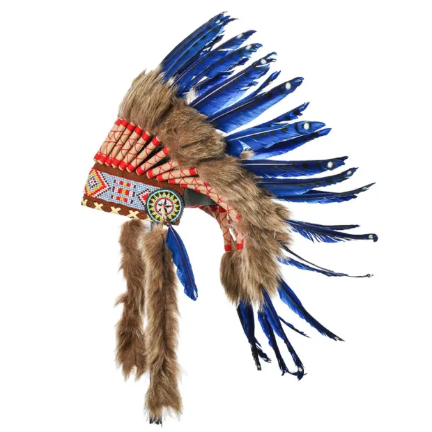 Coiffe indienne bleue avec vraies plumes