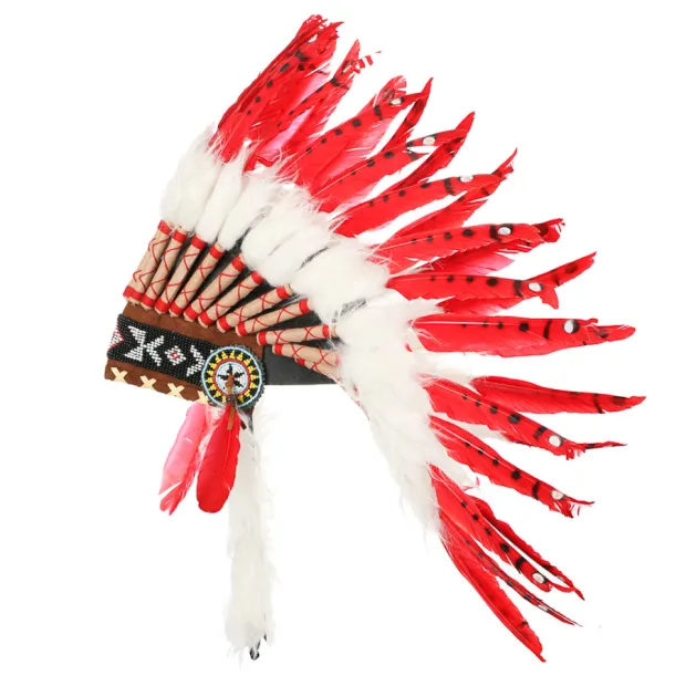 Coiffe indienne rouge avec vraies plumes