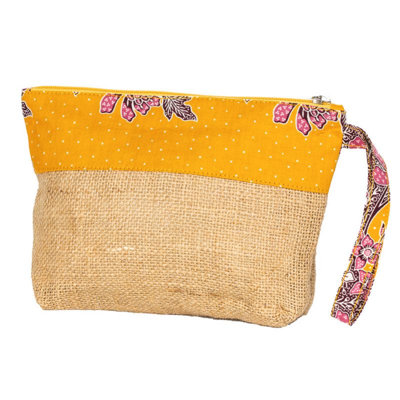 Pochette Toile De Jute Jaune Moutarde Et Fleurs