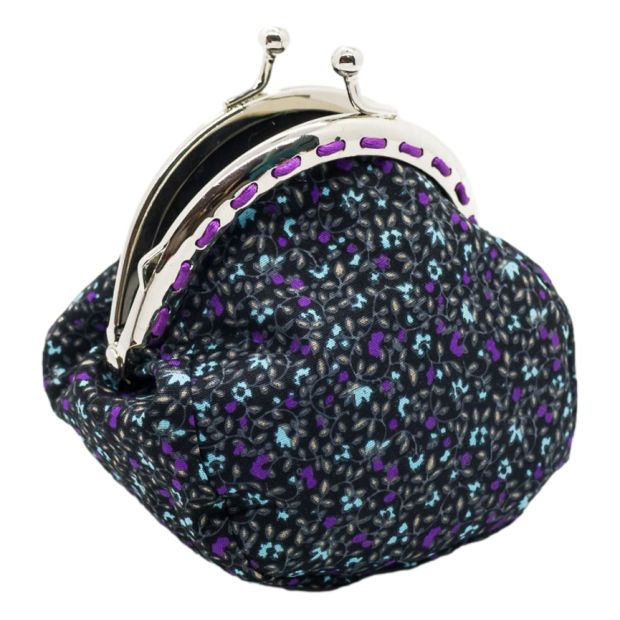 Petit porte-monnaie bourse à clip rétro violet petites fleurs