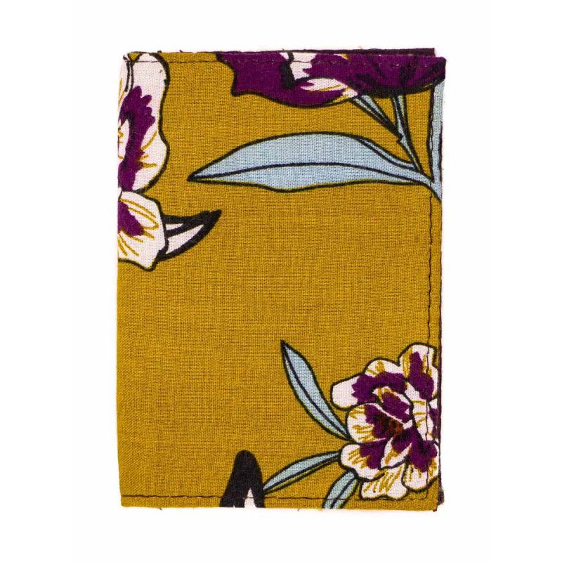 Porte-cartes rigide en coton jaune moutarde et fleurs rose violine