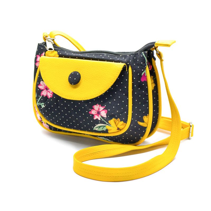 petit sac besace bandouli?�re tissu original noir et jaune ?� fleurs