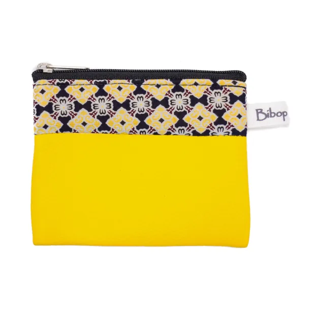 Petit porte-monnaie vegan zippé jaune et motifs bleus 