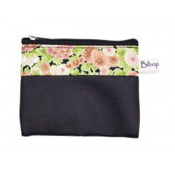 Petit porte-monnaie vegan zippé noir et fleurs - Bibop et Lula