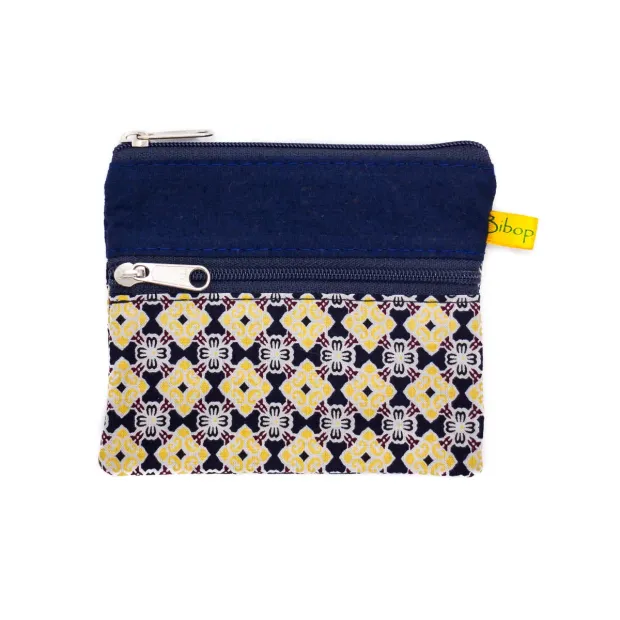 Petit porte-monnaie deux compartiments bleu et jaune moutarde