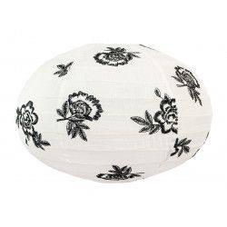 Lampion tissu boule japonaise ovale blanc et fleurs noires brodées