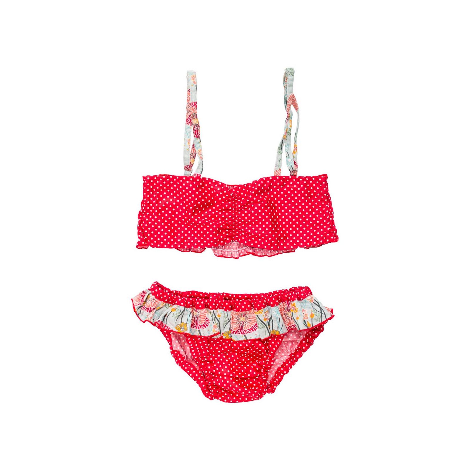 Bikini maillot de bain coton fille 4-10 ans rouge à pois et coquelicot