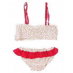 Bikini maillot de bain coton fille 4-10 ans blanc et petites fleurs rouges