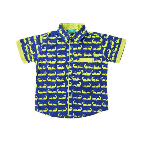 Chemise coton manches courtes garçon 2-10 ans bleu et vert crocodiles - Bibop et Lula