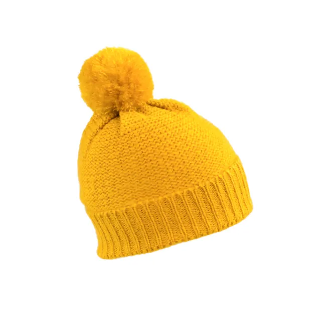 Bonnet laine pompon jaune moutarde
