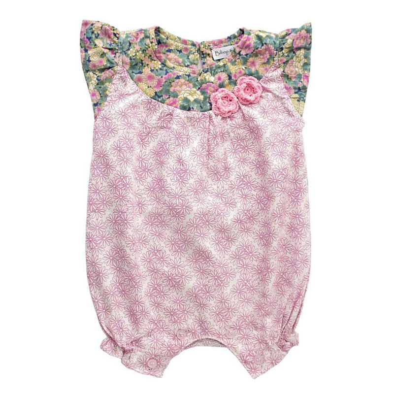 Barboteuse Coton Bebe Fille 0 24 Mois Fleurs Rose Poudre Et Vert