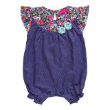 Barboteuse coton bébé fille 0-18 mois bleu marine petit pois et fleurs - Bibop et Lula