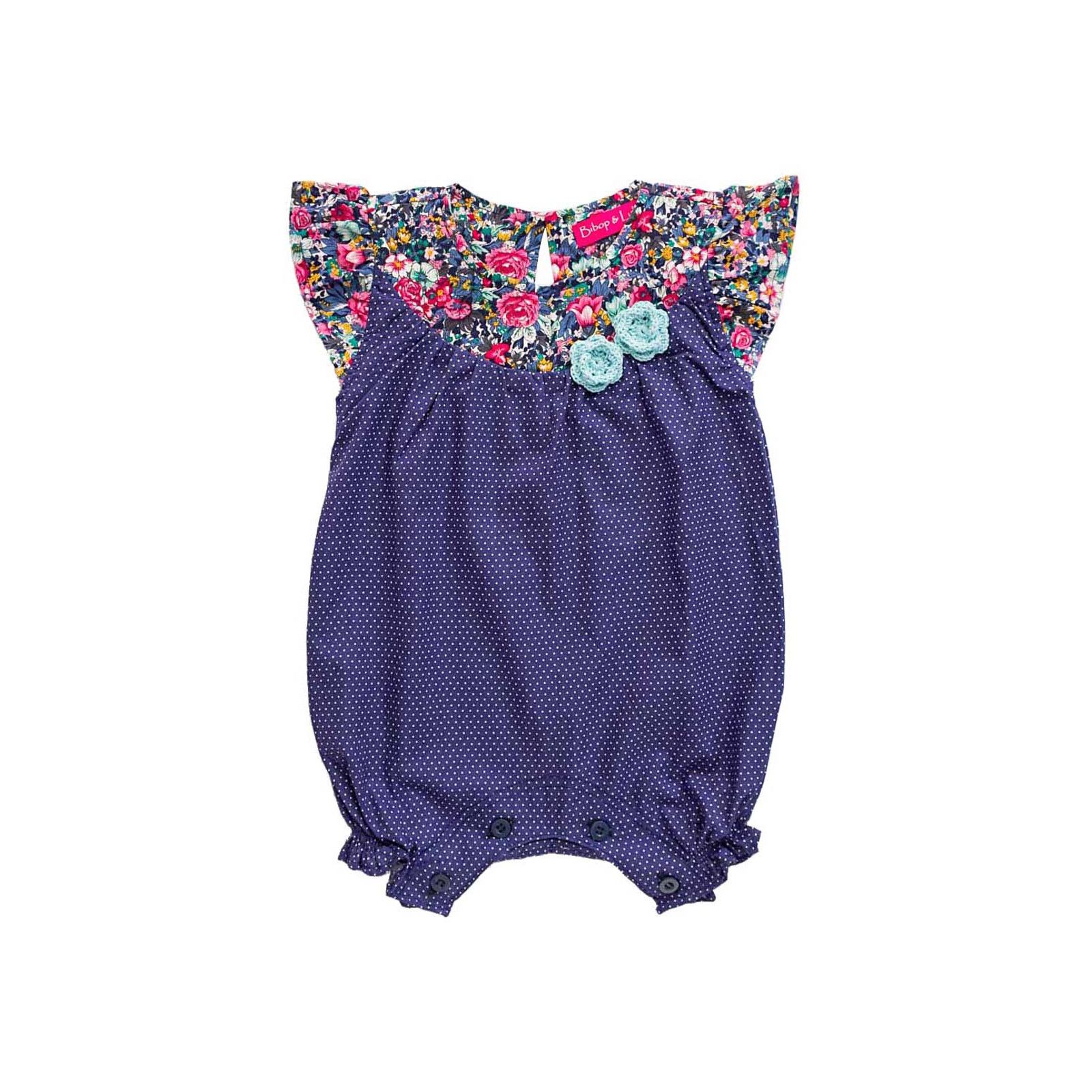 Barboteuse Coton Bebe Fille 0 24 Mois Bleu Marine Petit Pois Et Fleurs