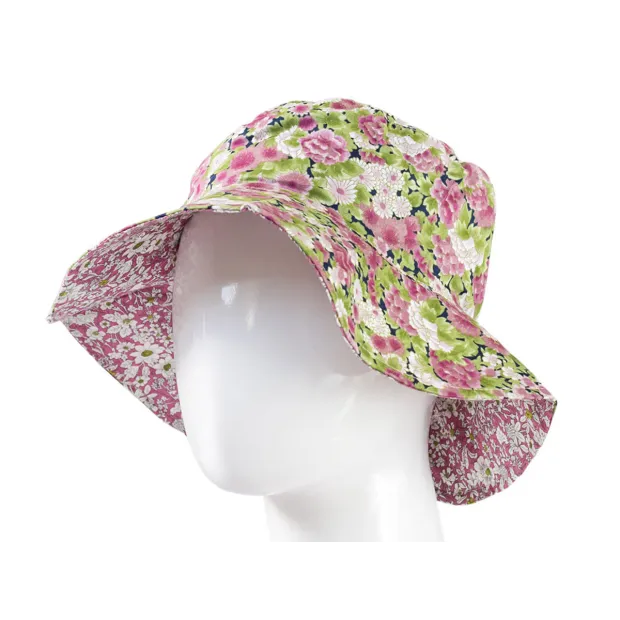 Chapeau coton réversible enfant 1-8 ans fleurs rose et vert pomme