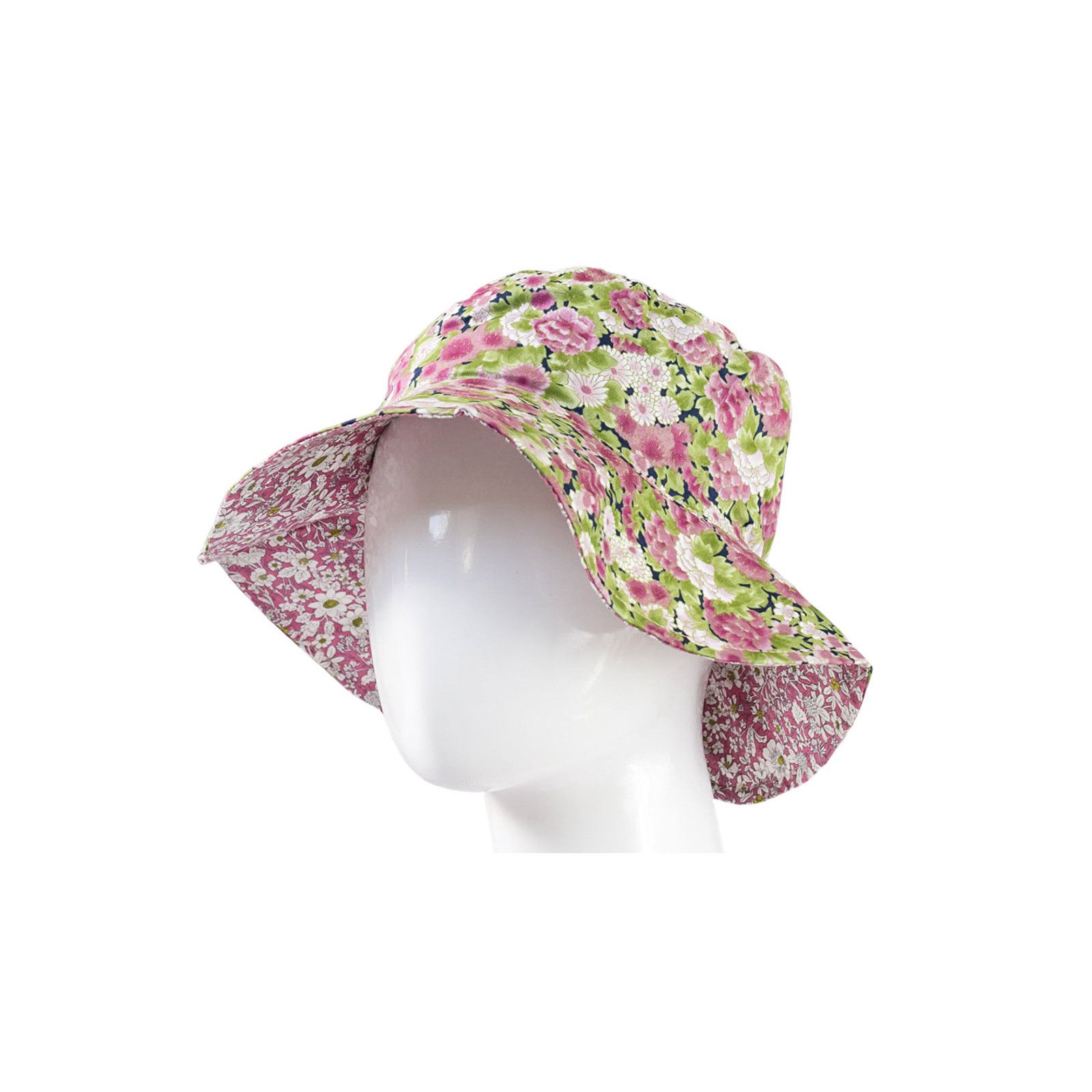 Chapeau coton réversible enfant 1-8 ans fleurs rose et vert pomme