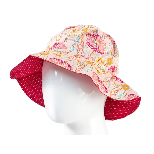 Chapeau coton réversible enfant 1-8 ans rouge et fleurs coquelicot