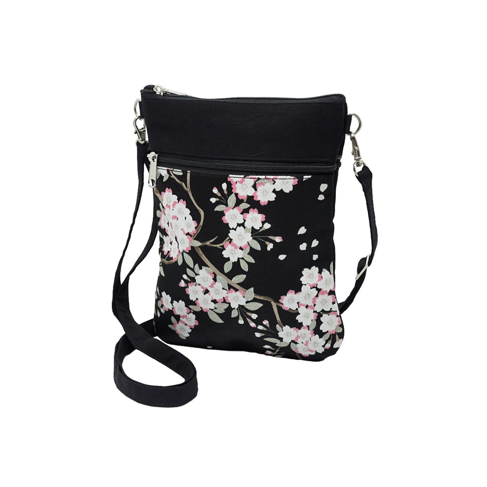 Pochette de voyage bandoulière tissu noir et fleurs cerisiers