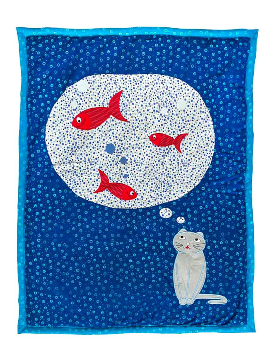 Couverture Coton Polaire Bebe Bleue Avec Chat Et Poisson Rouge Brodes