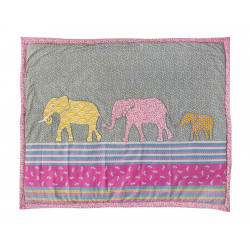 Couverture coton polaire bébé grise et rose avec éléphants brodés