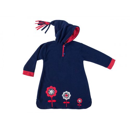 Burnou djellaba polaire enfant bleu marine et fleurs rouge - Bibop et Lula