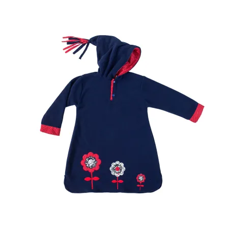 Burnou djellaba polaire enfant bleu marine et fleurs rouge