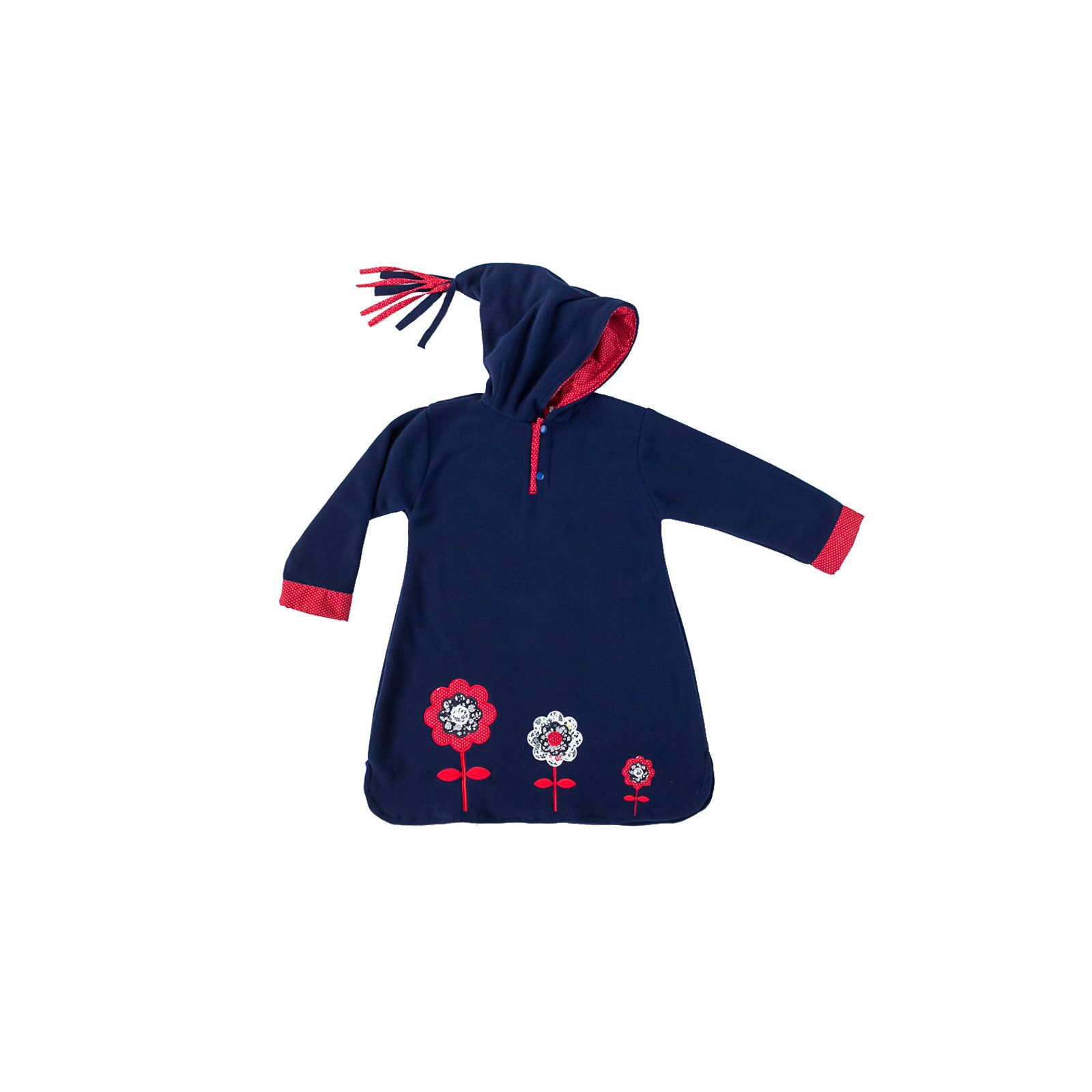 Burnou Djellaba Polaire Enfant Bleu Marine Et Fleurs Rouge