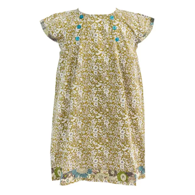 Robe manches courtes coton fille fleur fond moutarde