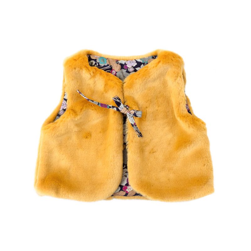Gilet Reversible Bebe 0 3 Ans Fausse Fourrure Jaune Motif Fleur