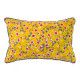 coupon tissu coton fleurs japonaises rouges et grises sur fond jaune moutarde - Bibop et Lula