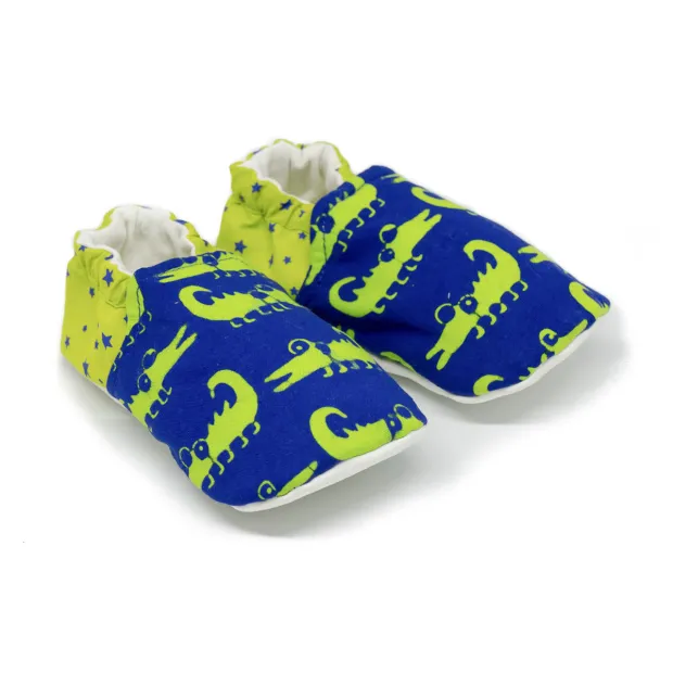 Chaussons bébé souples 0-24 mois vert et bleu avec crocodiles