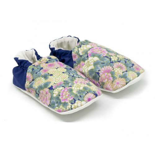 Chaussons bébé souples 0-24 mois bleu et fleurs rose - Bibop et Lula