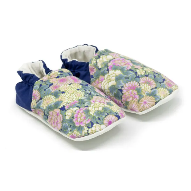 Chaussons bébé souples 0-24 mois bleu et fleurs rose