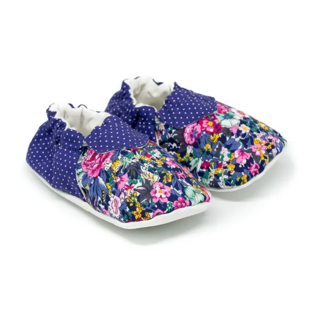 Chaussons bébé souples 0-24 mois bleu pois et fleurs
