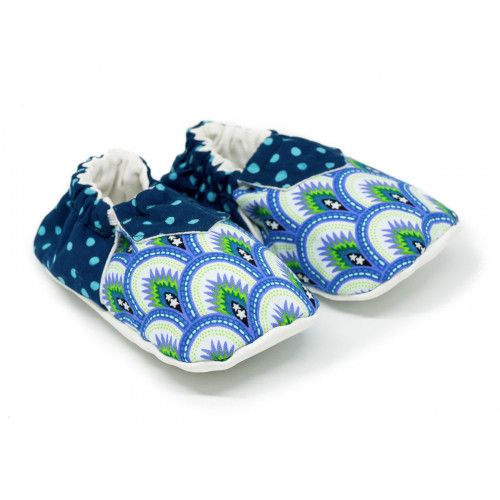 Chaussons bébé souples 0-24 mois bleu à pois et motifs - Bibop et Lula