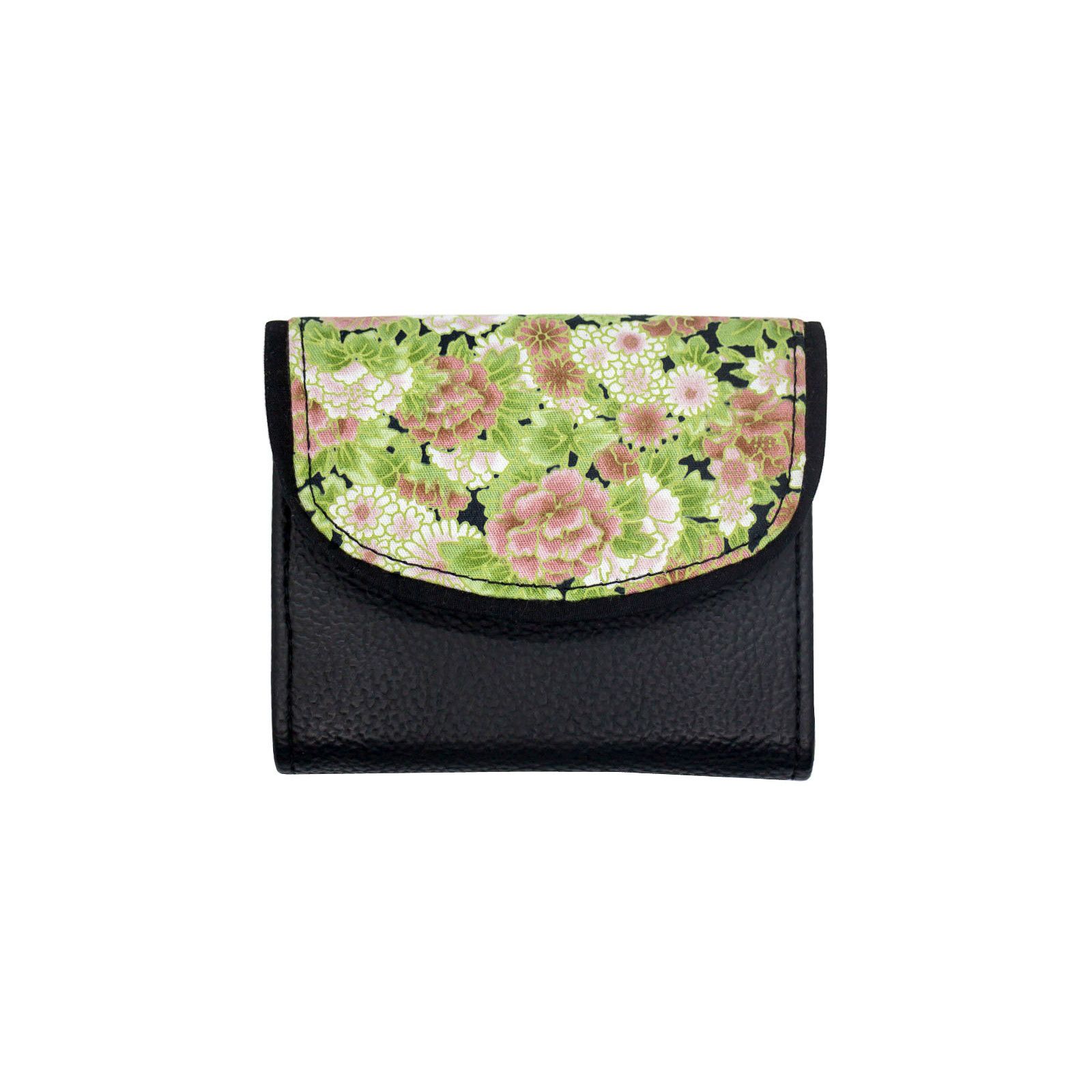 Portefeuille petit format original noir et fleurs rose vert pâle