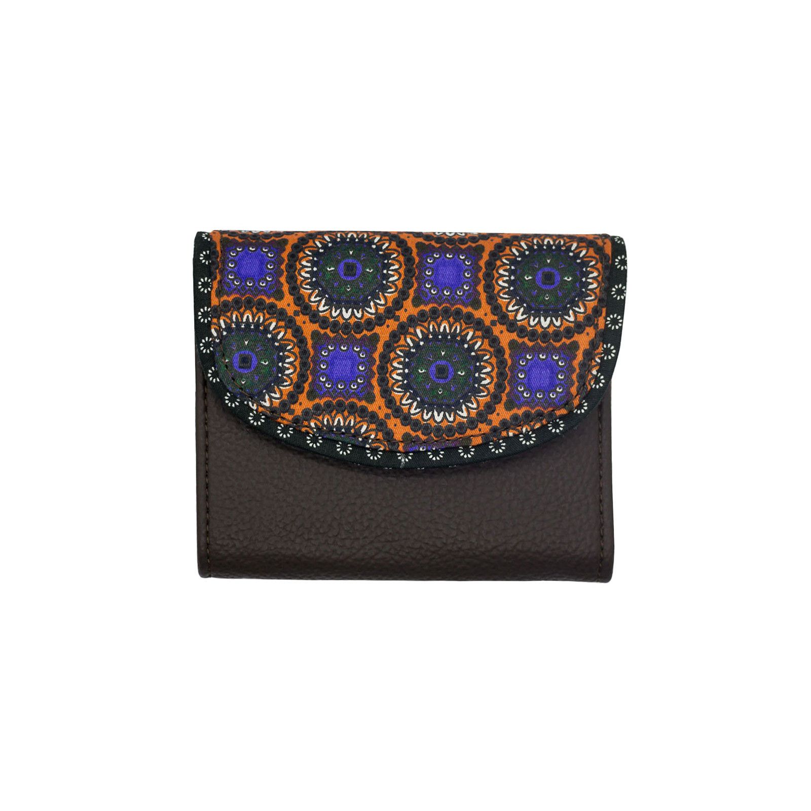 Portefeuille petit format original marron brun foncé et motifs orange violet - Bibop et Lula